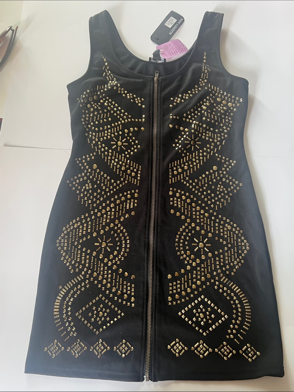 Audrey Ann Black Mini Dress with Gold Stud Embellishment